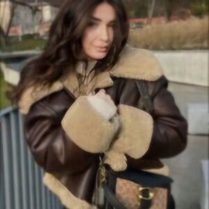 ZARA Double-faced Biker Jacket - Faux leather shearling fur cuff (Brown XS)